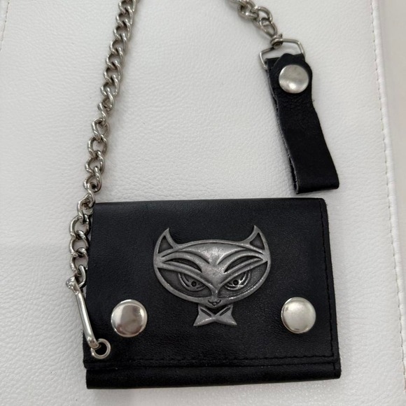 Black Genuine Leather Biker Wallet Chain Cat Face Snap Closure Made in USA - Picture 5 of 7